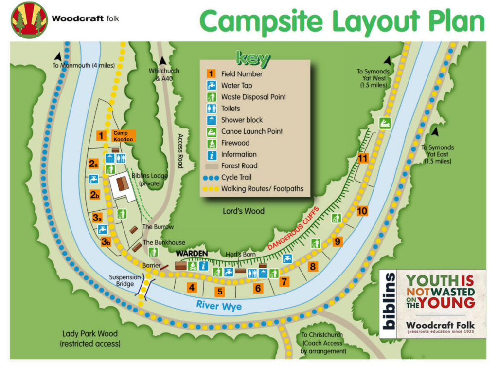 Map of the site showing the camping pitches alongside the river.
